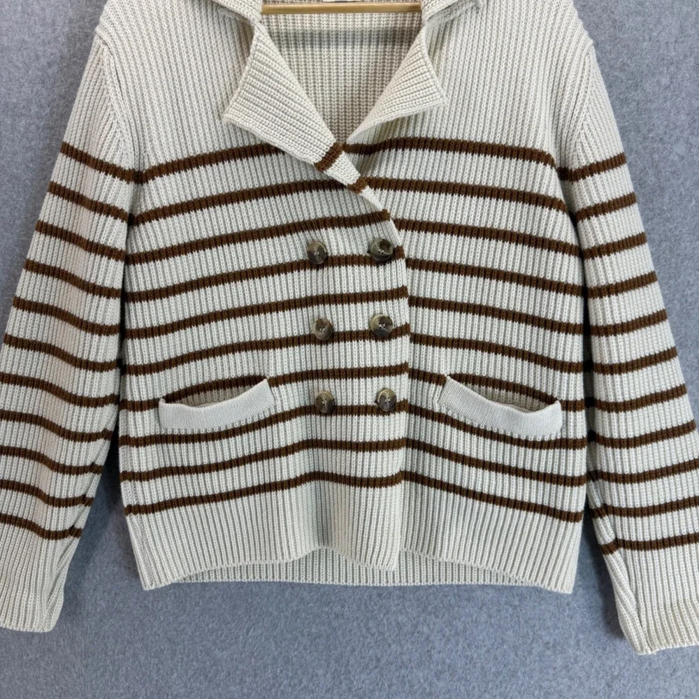 An'ge Striped Knit Cardigan Sweater Collared Button Up Cream Brown Womens Medium